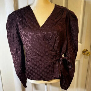 Happy X Nature Kate Hudson Deep Maroon Polka Dot Puff Sleeve Wrap Blouse